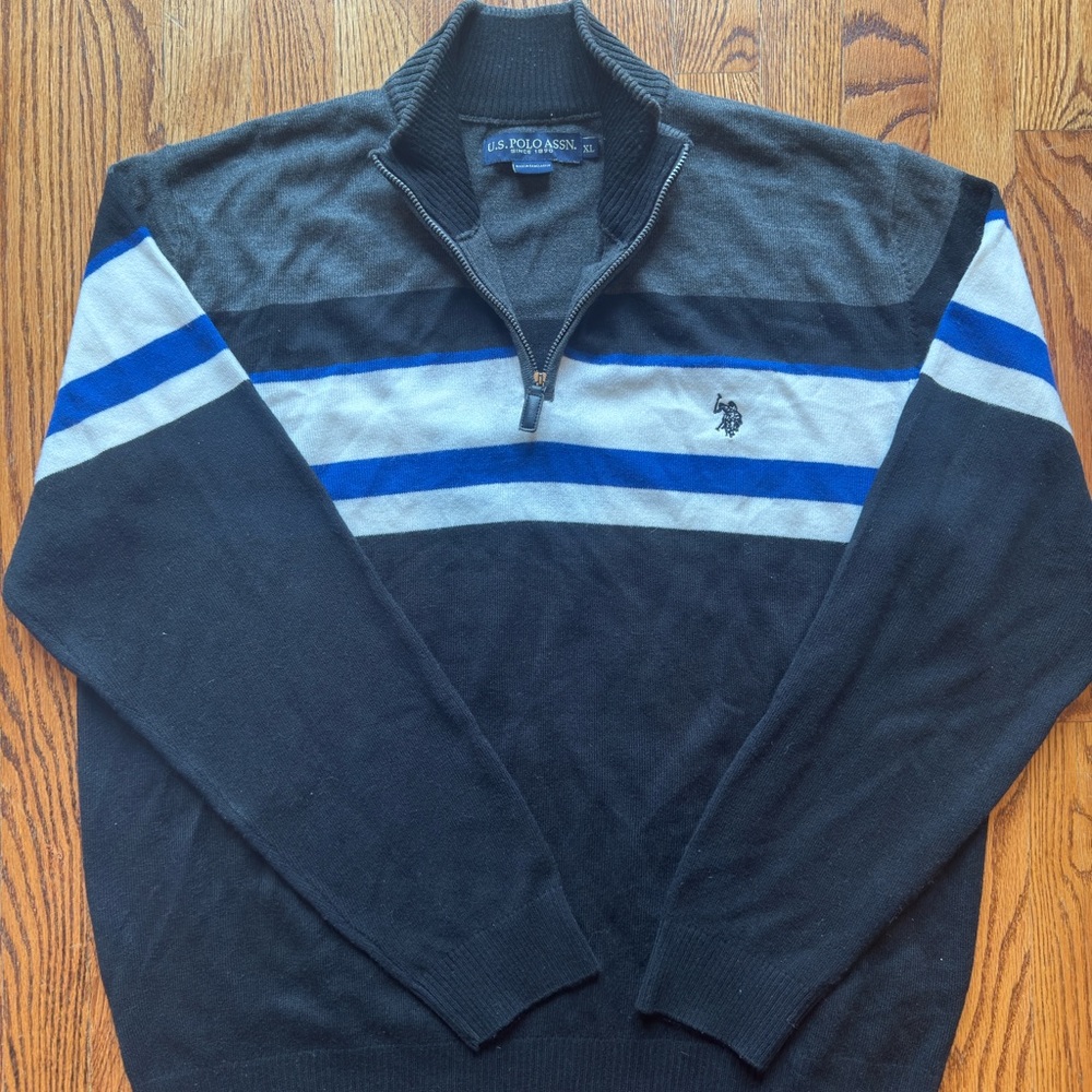 US POLO ASSOC Longsleeve gray/blue /white  Colorblock 1/4 Zip Pull-Over Sweater